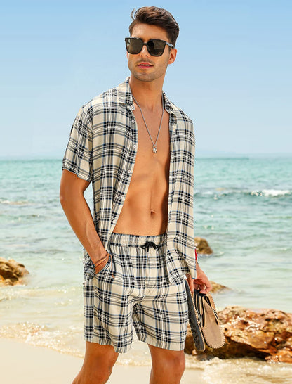Casual Men's Apricot Vacation Style Shirt & Shorts Set