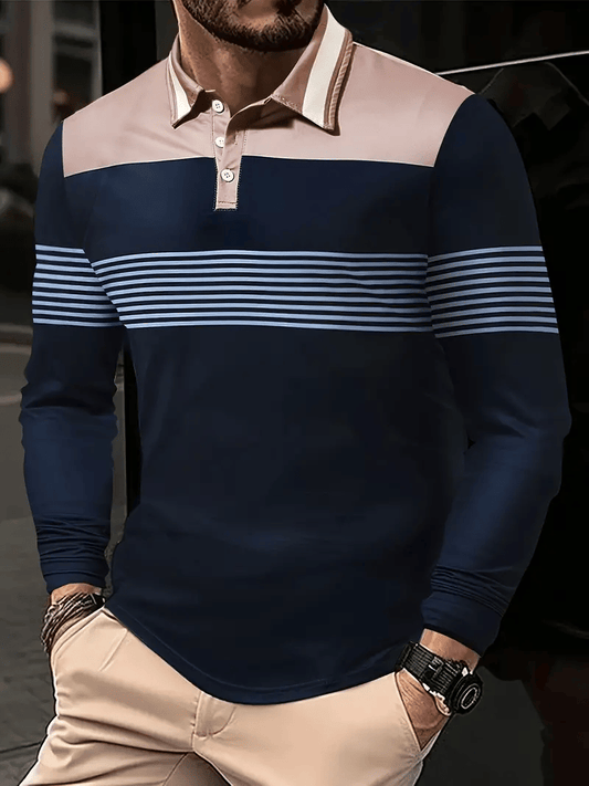 Men's Business Casual Striped Long-Sleeved Polo Shirt