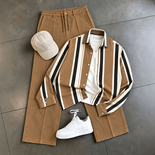 Men's Striped Print Shirt and Pants Two-Piece Set