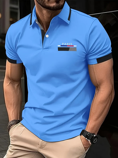 Men's Business Casual Striped Button Short Sleeve Polo Shirt