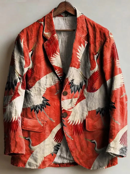 Men's Japanese-style Crane Print Casual Blazer