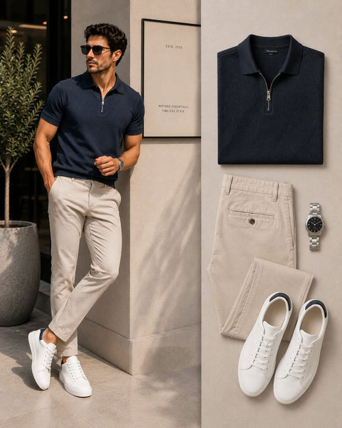 Men's Casual Navy Blue Color Polo Shirt & Pants Two-Piece Set