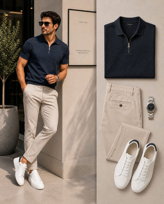 Men's Casual Navy Blue Color Polo Shirt & Pants Two-Piece Set