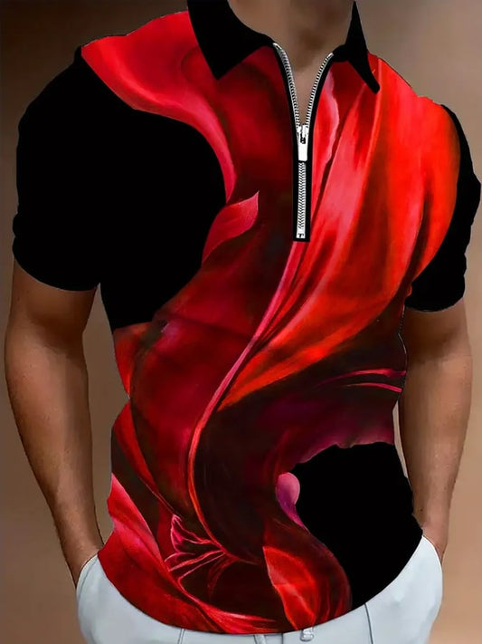 Men's Casual Color Block Zip-Up Polo Shirt