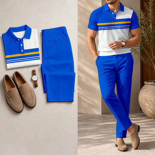Men's Casual Royal Blue Printed Polo Shirt And Pants Two-Piece Set