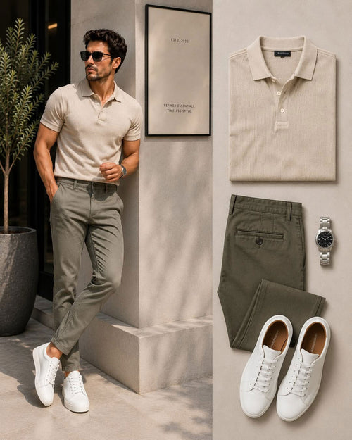 Men's Casual Beige Color Polo Shirt & Pants Two-Piece Set