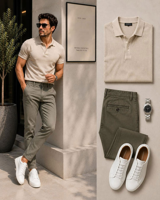 Men's Casual Beige Color Polo Shirt & Pants Two-Piece Set