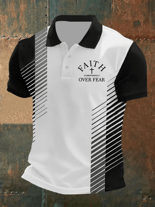 Men's Retro Faith “Faith Over Fear�? Casual Printed Polo Shirt