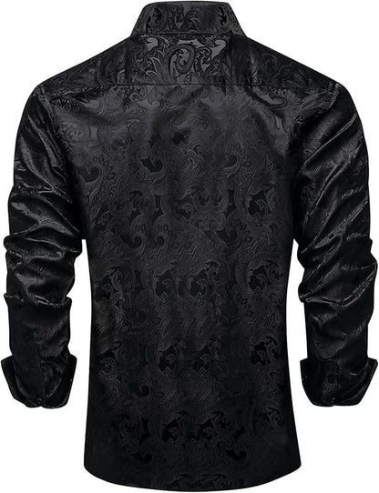 Men's Silk Paisley Dress Shirts,Black Paisley