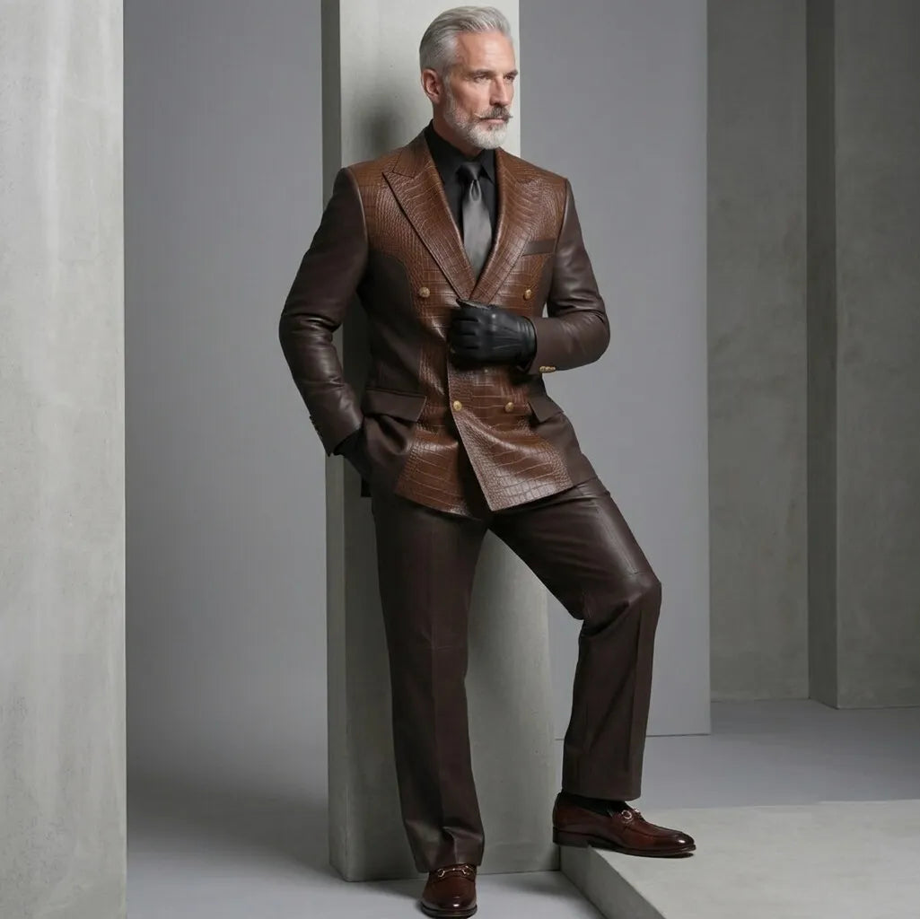 Men's Dark Brown PU Leather Crocodile Pattern Peak Lapel Double-Breasted Two-Tone Blazer