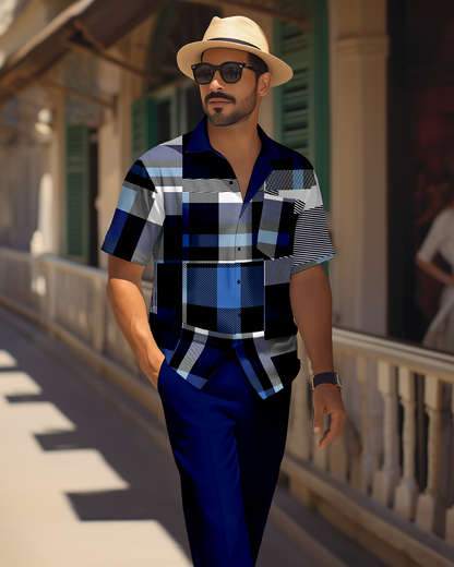 Men's retro colorblock short-sleeved shirt walking Suit 1700