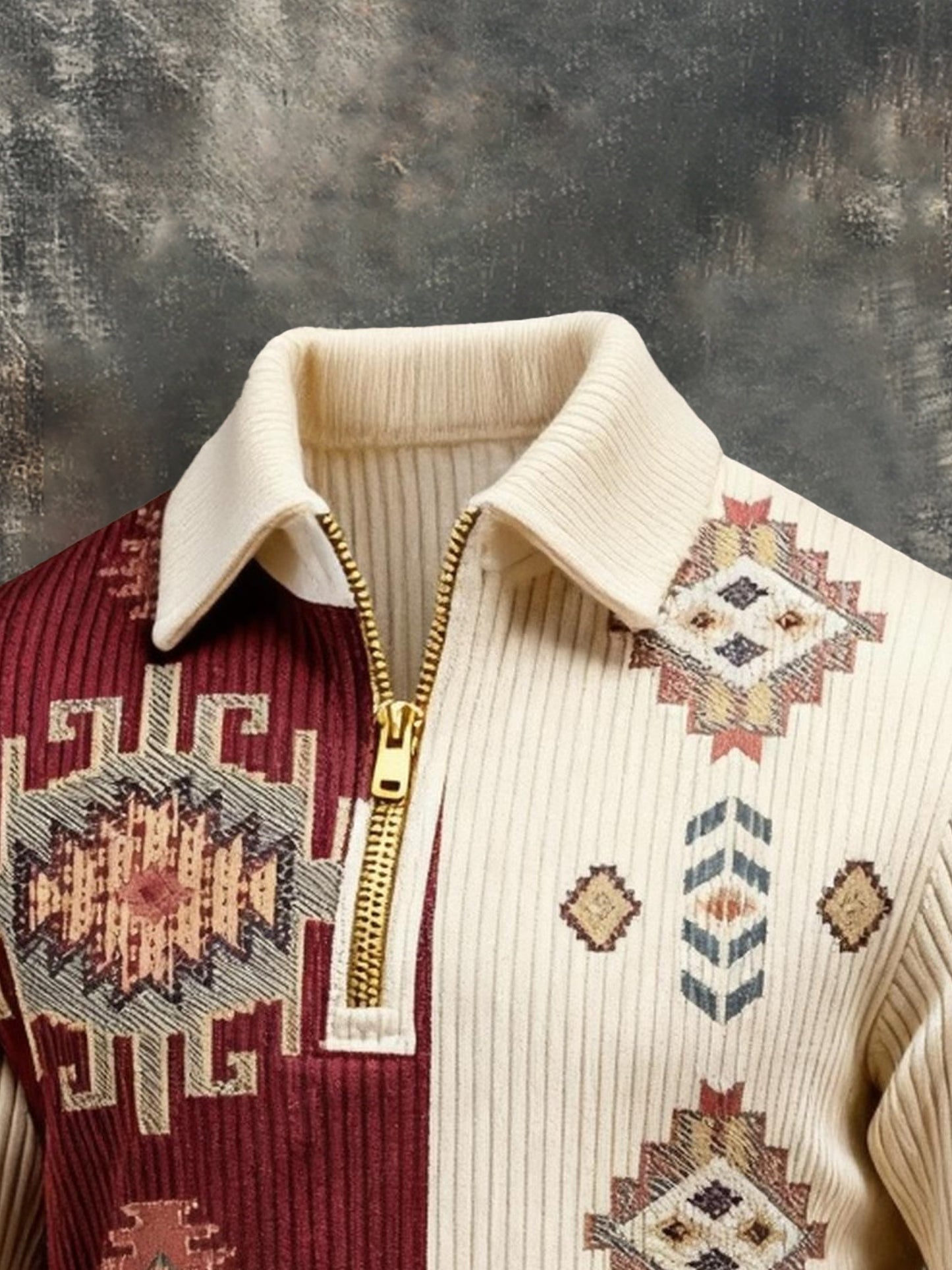 Men's Vintage Color-Block Printed Zip-Up Hoodie