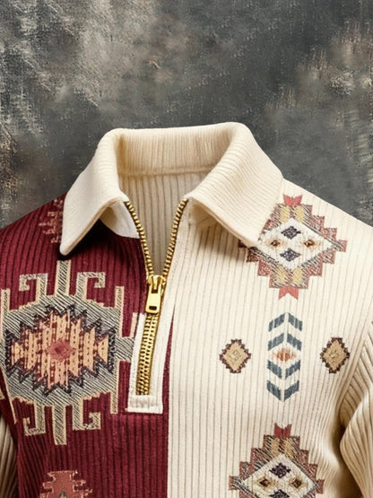 Men's Vintage Color-Block Printed Zip-Up Hoodie