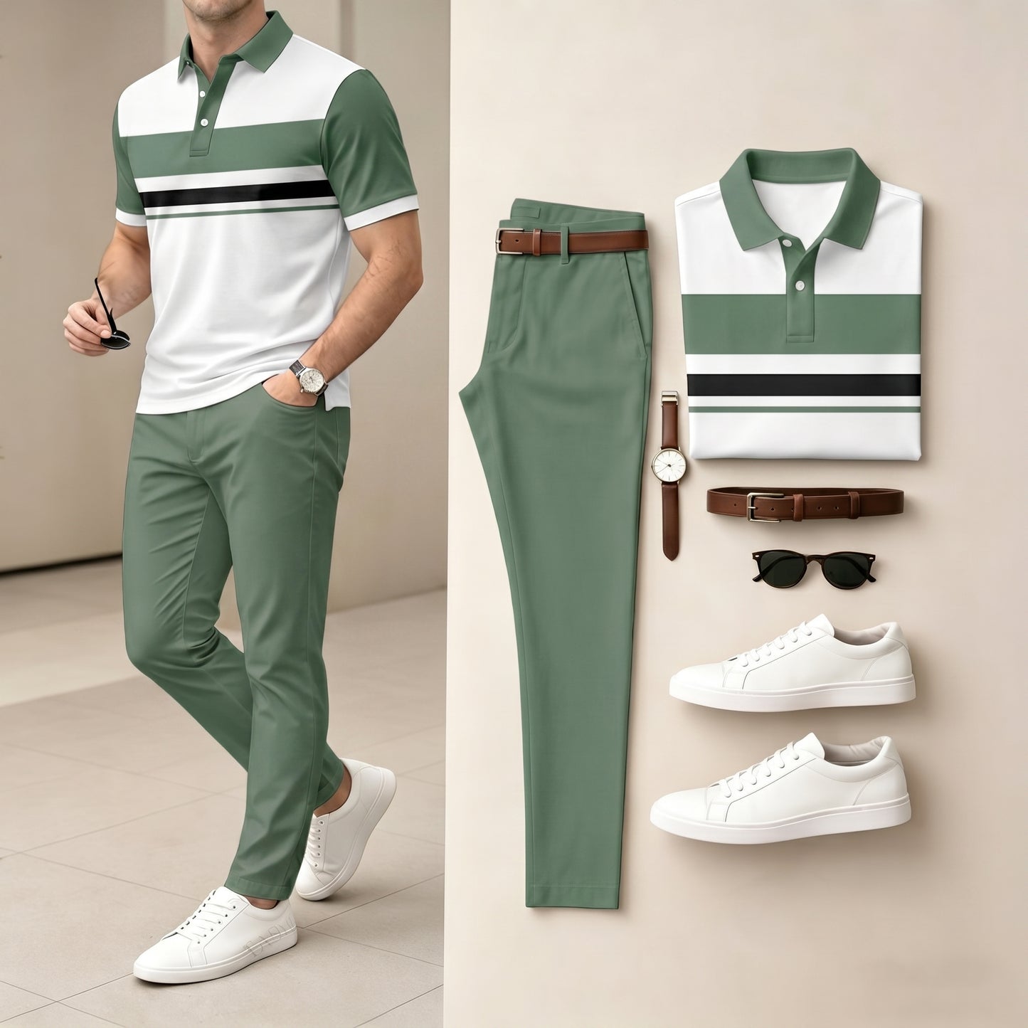 Men's White & Green Color Matching Striped Printed Short Sleeved Polo Shirt & Pants Two-Piece Set