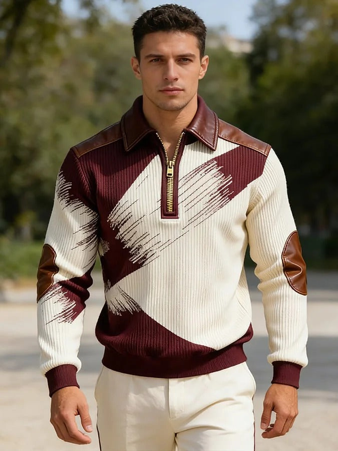 Men's Retro Color Block Print Zipper Sweatshirt