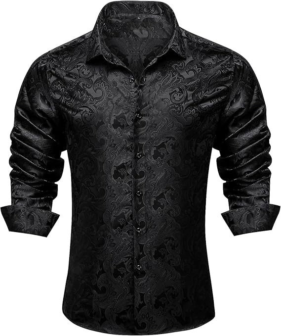 Men's Silk Paisley Dress Shirts,Black Paisley