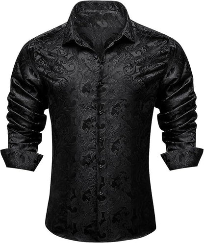 Men's Silk Paisley Dress Shirts,Black Paisley
