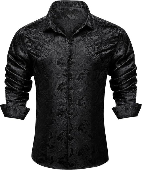 Men's Silk Paisley Dress Shirts,Black Paisley