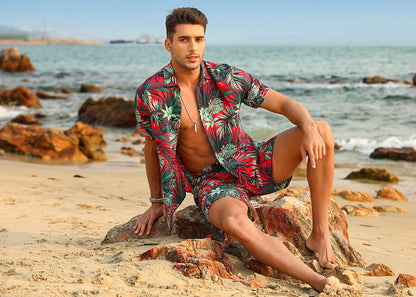 Casual Men's Apricot Vacation Style Shirt & Shorts Set