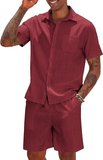 Men's Khaki Linen Drawstring Casual Short Sleeve Shorts Set