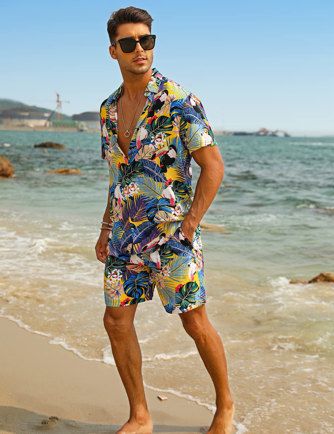 Casual Men's Apricot Vacation Style Shirt & Shorts Set