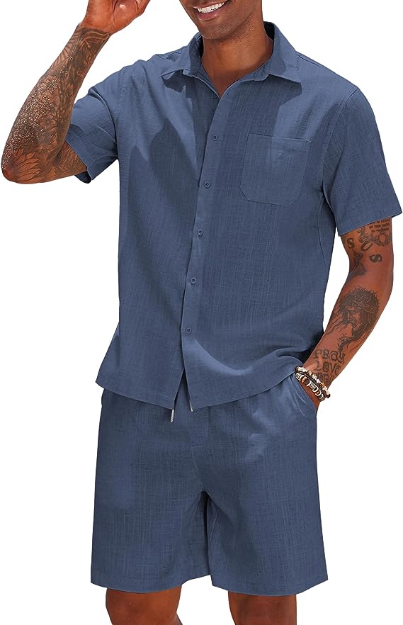Men's Khaki Linen Drawstring Casual Short Sleeve Shorts Set