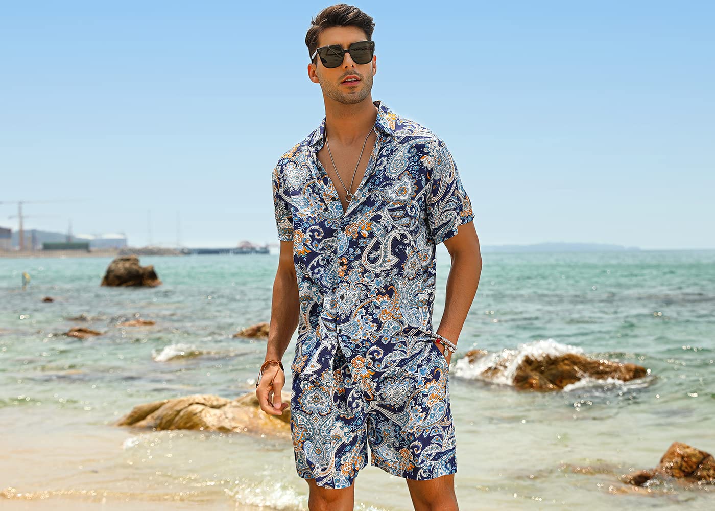 Casual Men's Apricot Vacation Style Shirt & Shorts Set