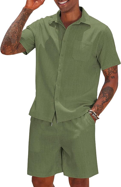 Men's Khaki Linen Drawstring Casual Short Sleeve Shorts Set
