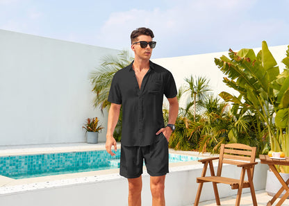 Casual Men's Apricot Vacation Style Shirt & Shorts Set