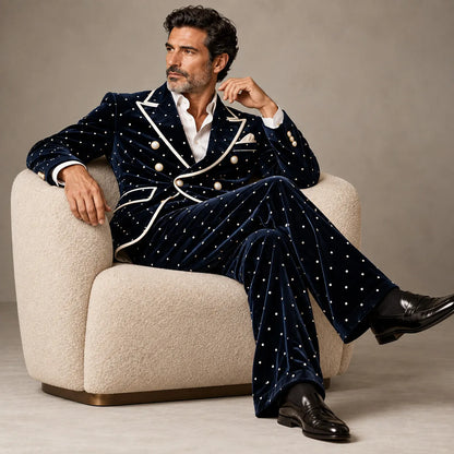 Men's Navy Blue Velvet Polka Dot Print Contrast Piping Double-Breasted Peak Lapel Blazer & Pants 2Pcs Suit