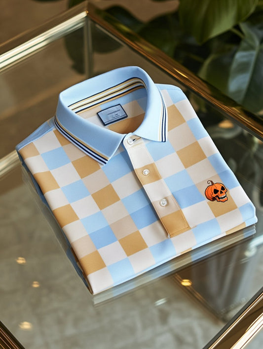 Men's Classic Business Check Halloween Pumpkin Skull Button Short Sleeve Polo Shirt