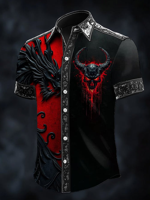 Men's Casual Dark Viking Dragon Print Satin Shirt