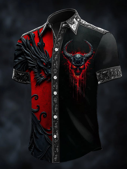 Men's Casual Dark Viking Dragon Print Satin Shirt