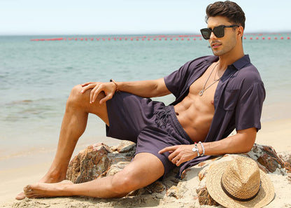 Casual Men's Apricot Vacation Style Shirt & Shorts Set