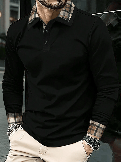 Men's Plaid Business Casual Long Sleeve Polo Shirt