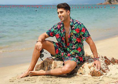 Casual Men's Apricot Vacation Style Shirt & Shorts Set