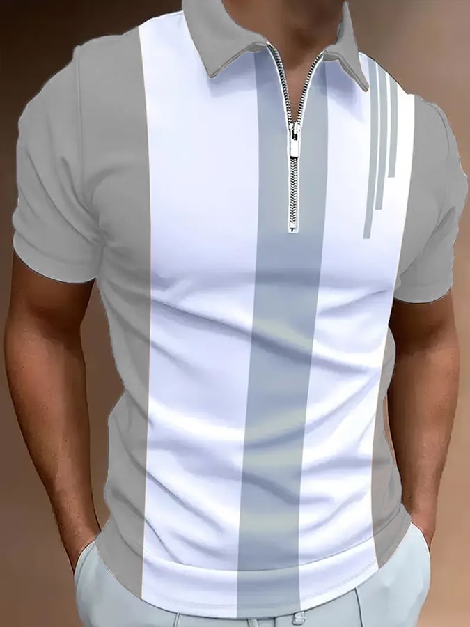 Men's Casual Color Block Zip-Up Polo Shirt