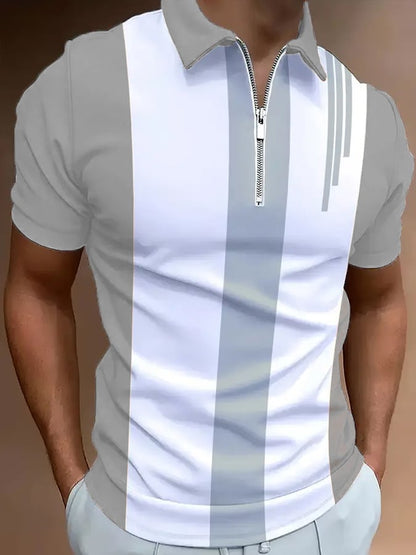 Men's Casual Color Block Zip-Up Polo Shirt