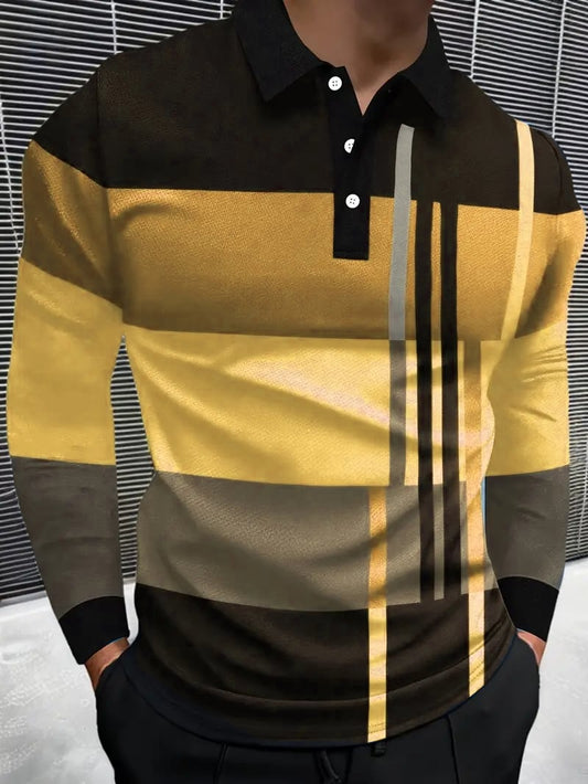 Men's Business Casual Striped Long-Sleeved Polo Shirt