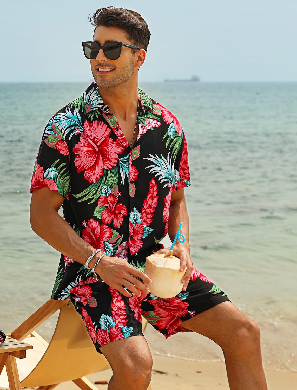 Casual Men's Apricot Vacation Style Shirt & Shorts Set