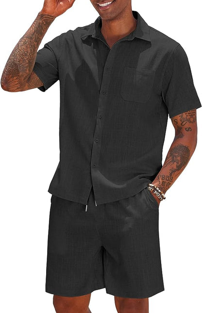 Men's Khaki Linen Drawstring Casual Short Sleeve Shorts Set