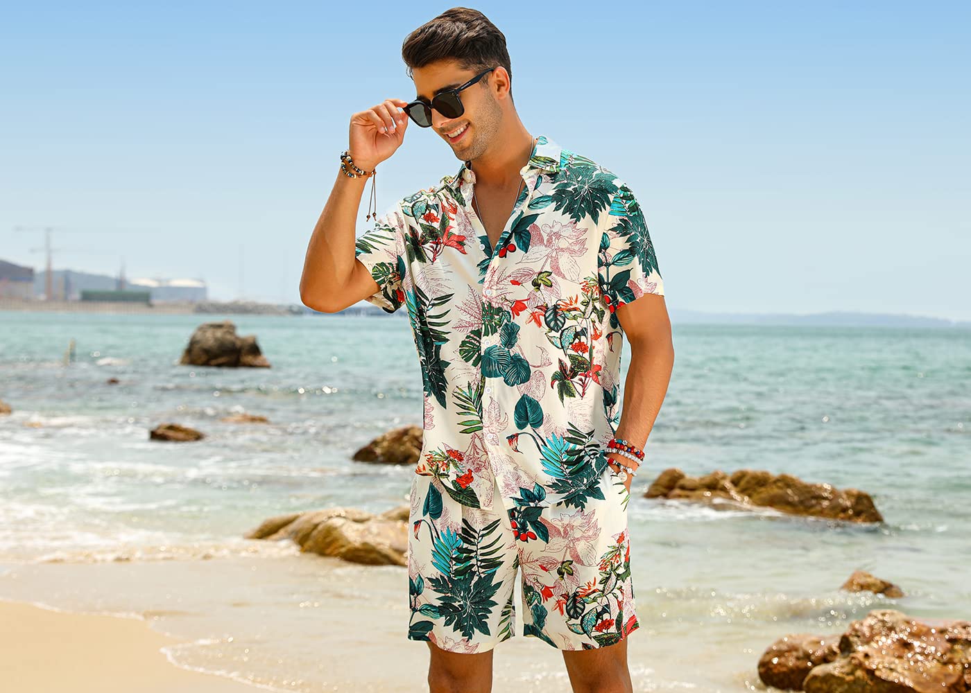 Casual Men's Apricot Vacation Style Shirt & Shorts Set