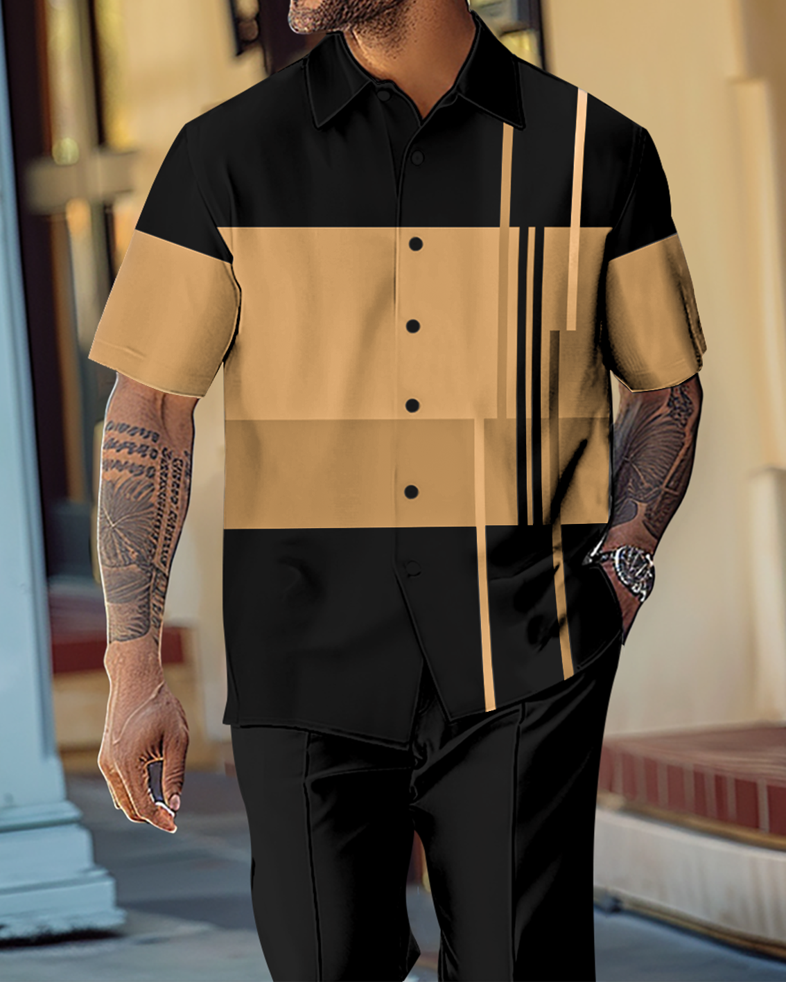 Men's Gradient Color Block Short Sleeve Shirt Walking Suit 1143