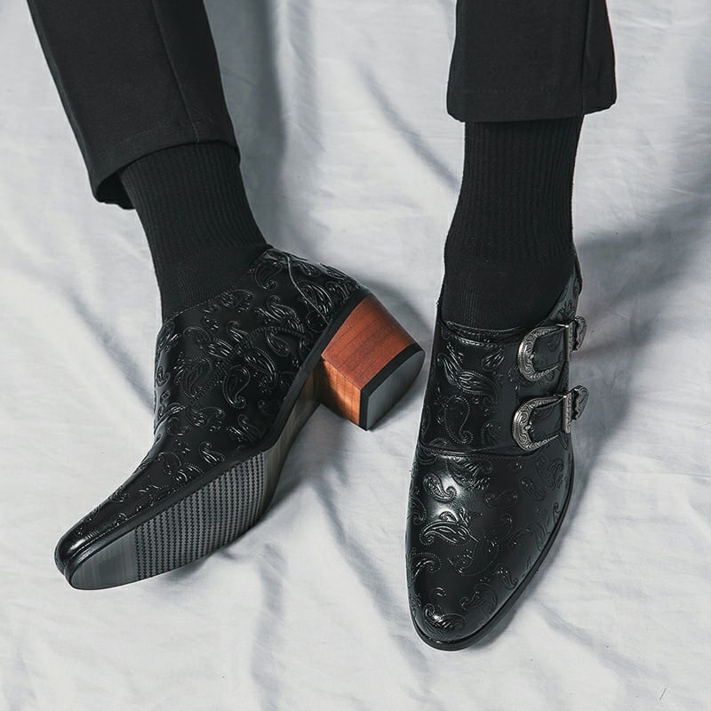 Men's Chunky Heel Sculpted Fashion Casual Buckle Leather Shoes