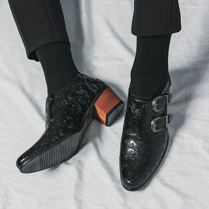Men's Chunky Heel Sculpted Fashion Casual Buckle Leather Shoes