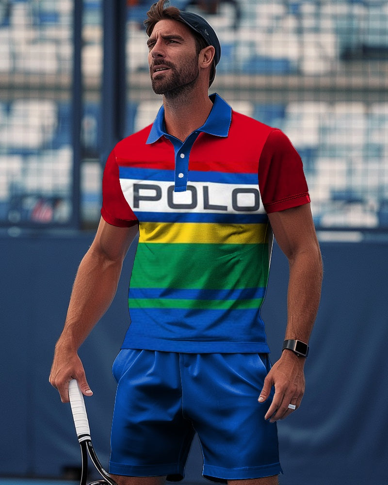 Men's British French Business Sports Polo Shirt 2-piece Shorts Set