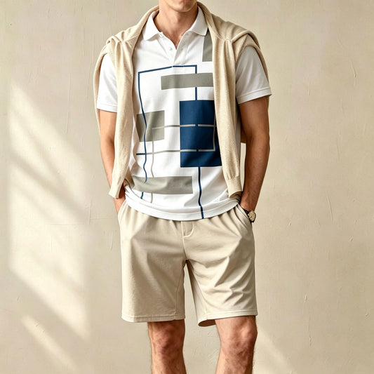 Men's Casual Geometric Print Short-Sleeve Polo Shirt and Shorts Two-Piece Set