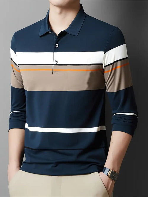 Men's Business Casual Striped Button-Down Polo
