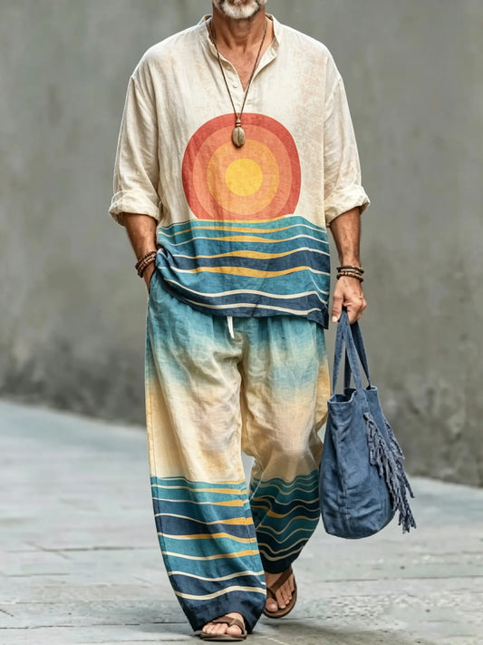 Men's Vintage Abstract Art Printed Cotton Shirt Set (Top & Pants)
