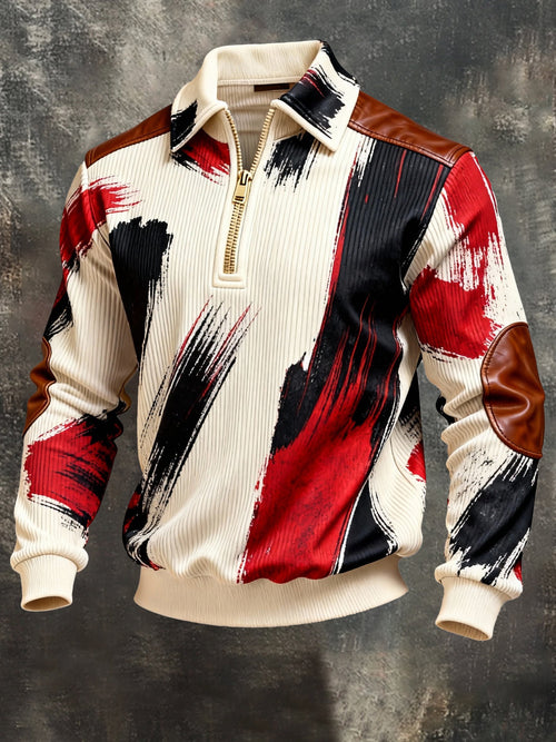 Men's Vintage Color-Block Printed Zip-Up Hoodie
